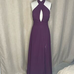 Elegant Purple Halter Neck Maxi Dress with Keyhole & Slit – Size 12
